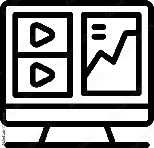 Line drawing of a computer monitor showcasing video playback controls and a positive trending graph, symbolizing content performance analysis