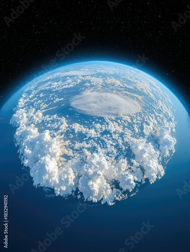 An aerial view of planet Earth with clouds and atmosphere, set against a backdrop of stars. The image features dramatic lighting and a sense of wonder.