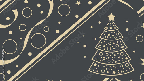 Festive christmas pattern with tree, ribbons, stars and circles on dark background