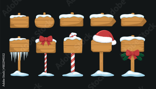 Winter wooden sign board Christmas style wooden arrow with snow, ice, plywood texture, North Pole inspired direction panel and cartoon UI game design artwork