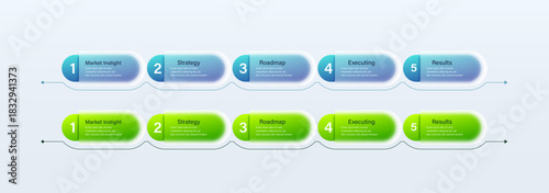 Business flowchart infographics. Glass morphism infographic design. Progress bar with 5 step elements placed in horizontal row.. Overlapping circular shapes for logic graphic illustration.