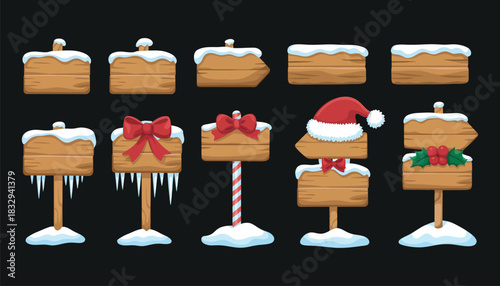 Winter wooden sign board Christmas style wooden arrow with snow, ice, plywood texture, North Pole inspired direction panel and cartoon UI game design artwork