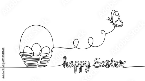 Minimalist single line drawing of a basket with easter eggs and a butterfly with happy easter text