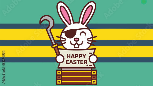 Cute pirate bunny with eye patch and hook holding happy easter sign on striped background