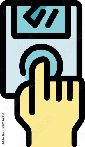 Electronic device with screen displaying information being controlled by a hand pressing button, suggesting interaction with technology