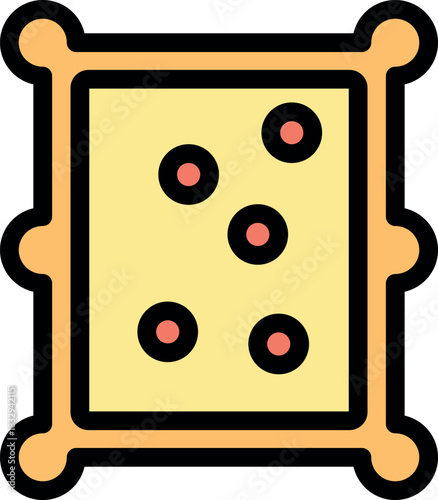 Close up of a square cracker featuring five small red circles symbolizing sesame seeds, set against a clean white backdrop