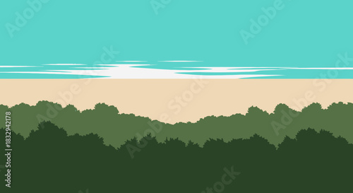 Serene Beach Landscape with Lush Greenery and Ocean Waves.