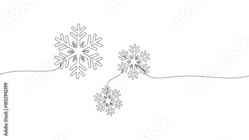 Continuous one line art design featuring interconnected winter snowflakes, a minimalist vector illustration, creating a beautiful winter scene