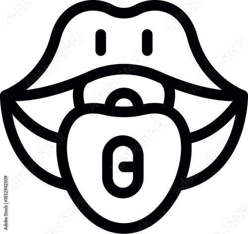 Open lips with tongue out holding a pacifier with letter g on it