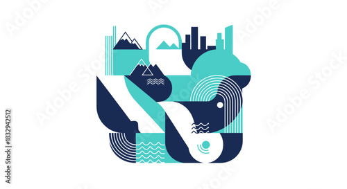 Abstract geometric landscape illustration with mountains and water.