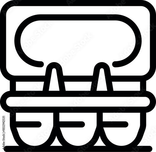 Simple line icon of an egg carton holding three eggs, perfect for representing breakfast, baking, or grocery shopping