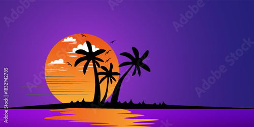 Night landscape with colorful sky and sea illustration