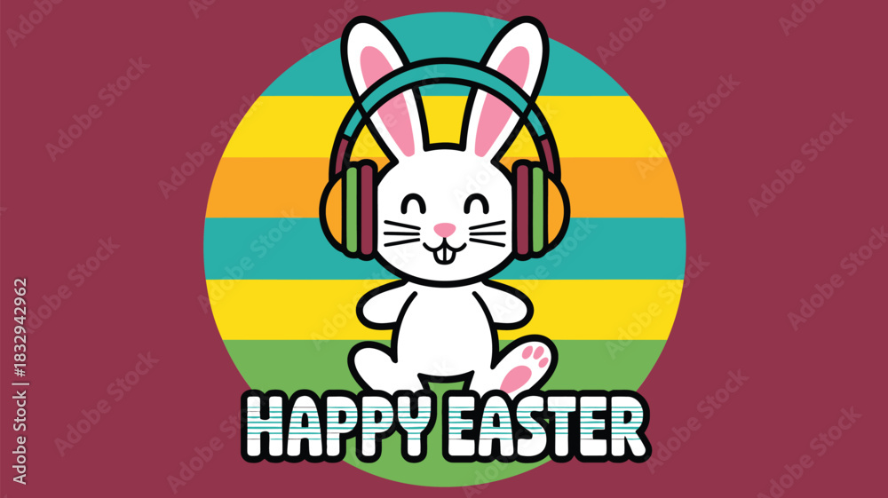 Fototapeta premium Cute cartoon white bunny wearing headphones and sitting with happy easter text