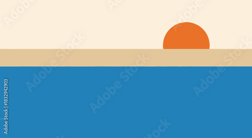 Minimalist Geometric Illustration of a Sunset Over the Ocean.
