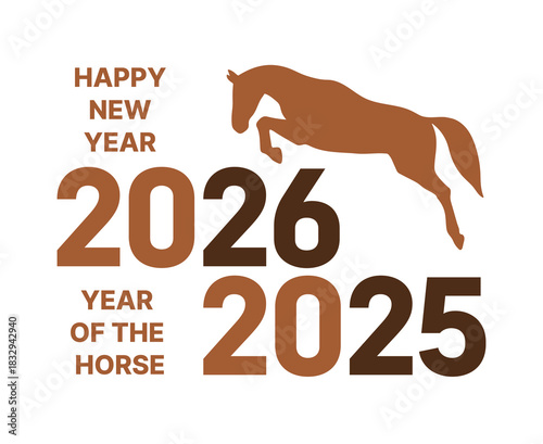 A bold vector illustration highlighting the transition from 2025 to 2026. A dynamic jumping horse silhouette is placed over large, stacked numbers "2026" and "2025."
