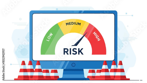 High Risk Level Meter on Computer Monitor with Security Traffic Cones