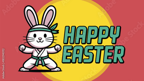 Cute cartoon bunny in martial arts gi and headband ready to celebrate happy easter holiday