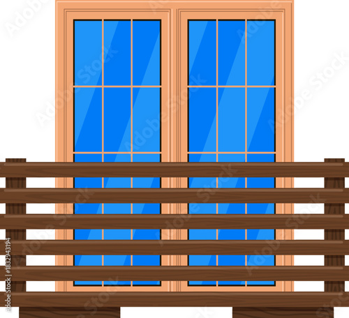 Balcony and double window with wooden railing
