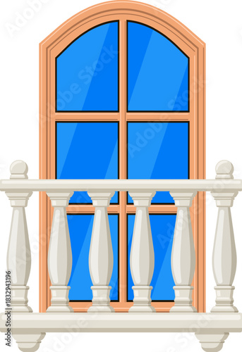 Balcony standing in front of an arched window