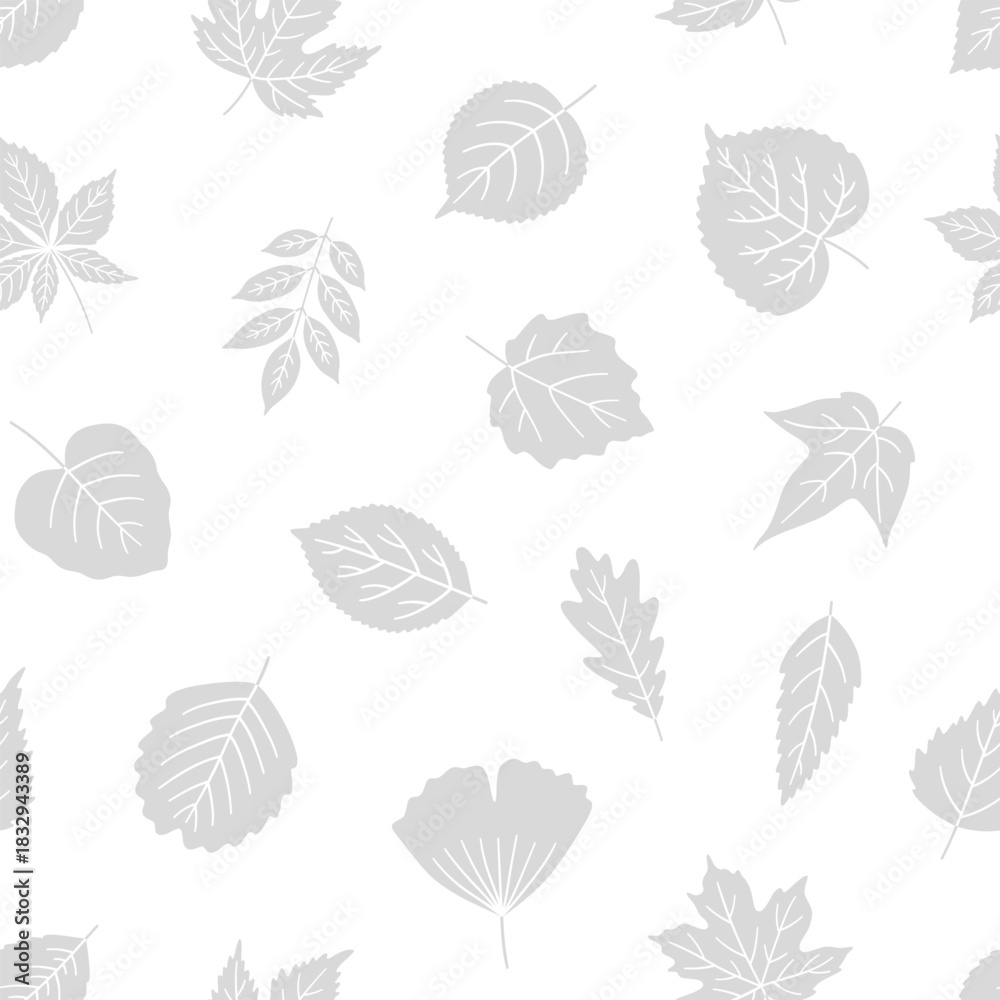 Obraz premium Seamless pattern with gray silhouette leaves on white background. Textured leaf of maple, linden, birch, chestnut, and others. Print for textile, package, and wrapping paper. Vector illustration