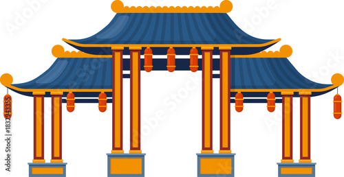 Chinese traditional archway gate with red lanterns