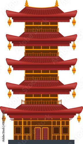 Traditional red tiered pagoda Asian temple building