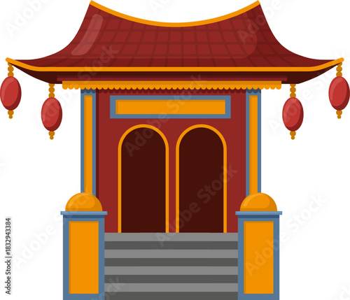 Traditional Asian temple building with red lanterns