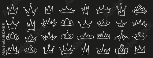 Crowns crayon icons set. King or queen crown, doodle. Hand drawn prince and princess head accessories. White line art royal diadem, majestic tiara on black bg. Sketch of luxurious symbols, vector