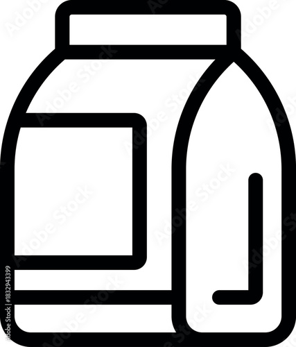 Simple black and white icon of a sealed pouch, ideal for representing protein powder, supplements, vitamins, or other sports nutrition products