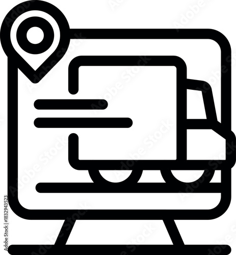 Gps tracking service showing moving delivery truck on computer screen, delivery and logistic concept, simple black and white line icon