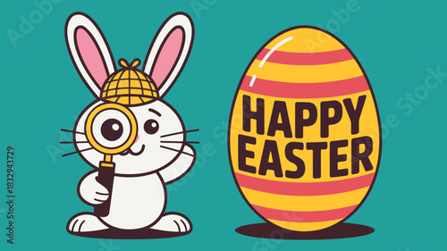 Cute cartoon easter bunny detective holding a magnifying glass near a festive striped egg with happy easter text