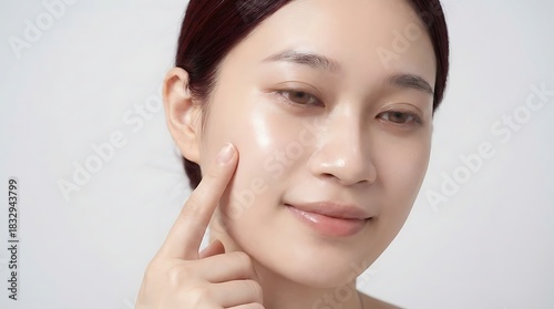 Wallpaper Mural A woman with radiant, dewy skin gently touches her cheek, showcasing a healthy and hydrated complexion. Torontodigital.ca