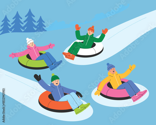 Winter snow tubing fun energetic children enjoying snowy outdoor action with tubes and warm clothing, joyful holiday illustration fitting Christmas designs, family themes