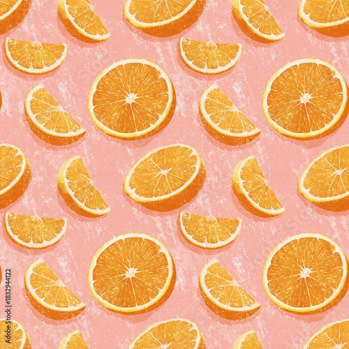Seamless Pattern of Fresh Orange Slices on a Soft Pink Background, Vintage Style Illustration