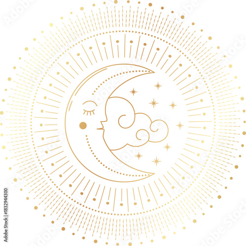 Golden sleeping crescent moon with celestial stars design
