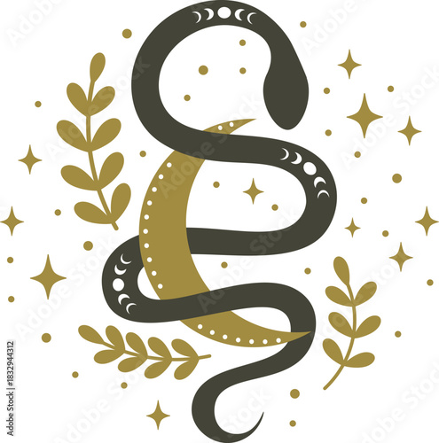 Serpent coiling around crescent moon with celestial elements