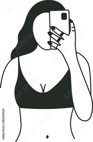 Woman hiding face taking selfie with smartphone