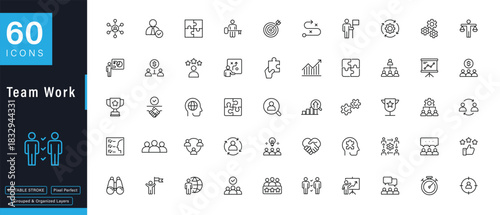Team Work and Business Outline Icons Set