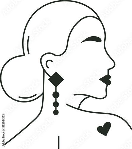 Elegant female profile line art illustration with earring