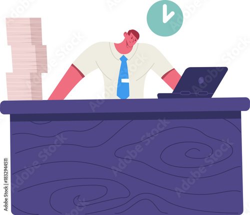 Stressed businessman working overtime with pile of documents