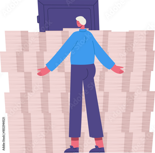 Business person overwhelmed by massive stack of paperwork