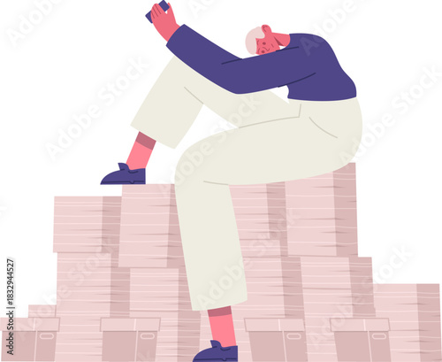 Overwhelmed person sitting on a huge paper pile using phone
