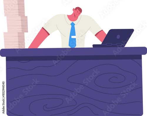 Overworked businessman dealing with stack of documents and laptop