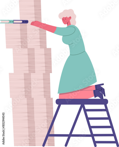 Woman managing overwhelming paperwork on a tall stack