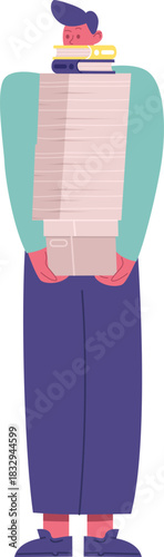 Person feeling overwhelmed carrying vast stack of papers and books