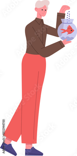 Person feeding gold fish in transparent bowl