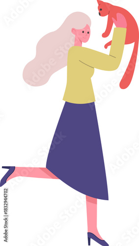 Woman holding up her cat playing together