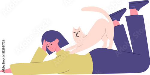 Woman relaxing with cat stretching on her back