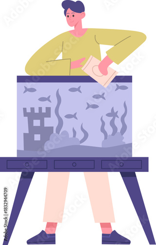 Person feeding fish in an aquarium hobby at home