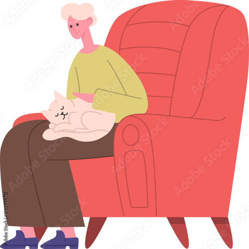 Person relaxing on armchair with sleeping cat